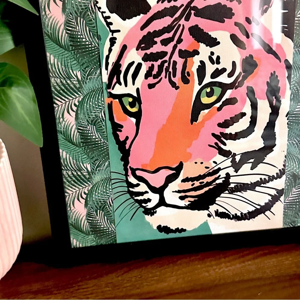 Vibrant Tiger Art Canvas Print Black Framed Palm Leaf Pink Green Wall Art 13x13”